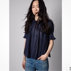 Zadig & Voltaire Sheer Blue Tupel Short-Sleeve Peasant Blouse size Small